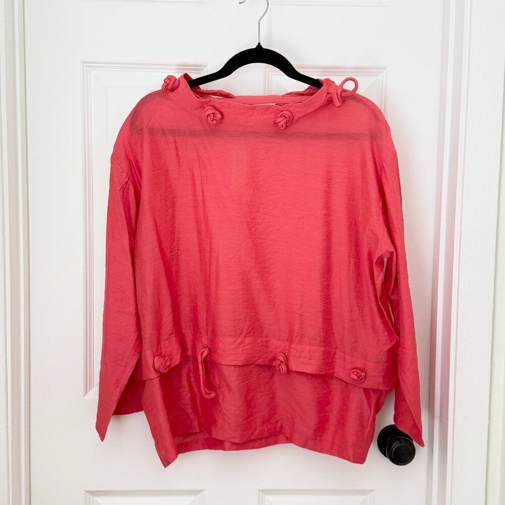 Women Redwood Court Boat Neck Floral Loose Fit Blouse Coral Pink Size Medium